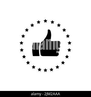 Hand and star signage design trendy. Like black icon. Thumbs up illustration. Good, nice, ok hand gesture. Social media button. Rating, ranking. Stock Vector