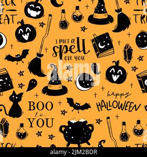 Cute hand drawn Halloween seamless pattern, colorful doodle background, great for Halloween banners, wallpapers, textiles, wrapping - vector design Stock Vector
