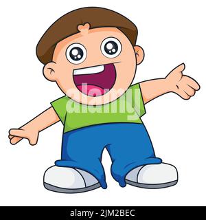 Cute boy standing and presenting something with his hand. Product presentation or offer showing concept. vector illustration Stock Vector