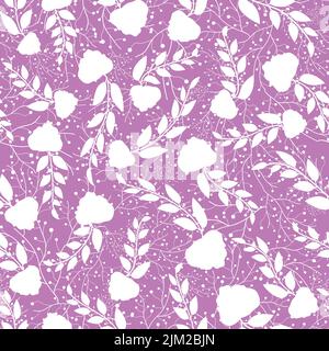 Lilac purple fabric floral branches silhouettes with white textured vector repeat pattern background Stock Vector