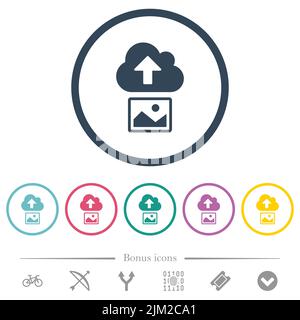 Upload image to cloud solid flat color icons in round outlines. 6 bonus icons included. Stock Vector