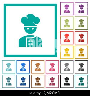 Chef flat color icons with quadrant frames on white background Stock Vector