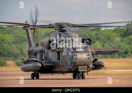 German Air Force, Sikorsky CH-53 Heavy Lift Transport Helicopter arrival at the Royal International Air Tattoo for static display.