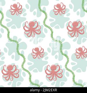 Pink octopus on green white pastel background seamless pattern Stock Vector