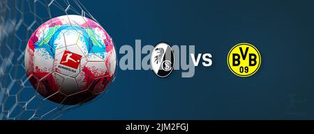 Guilherand-Granges, France - August 04, 2022. Bundesliga of Germany. Soccer ball in net with official logo of the Bundesliga. Match : SC Freiburg VS B Stock Photo