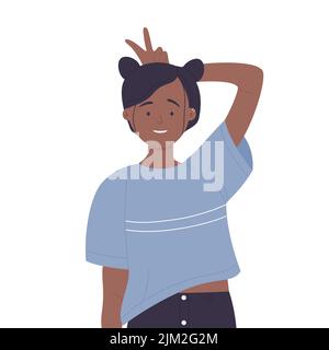 Young girl in crazy funny mood. Happy hand gestures and face expression vector illustration Stock Vector