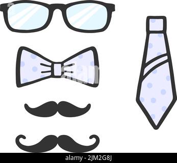 Photo props set. Glasses, moustache, bow and tie for selfie. Collection of male photo accessories. Photobooth set. Vector  Stock Vector