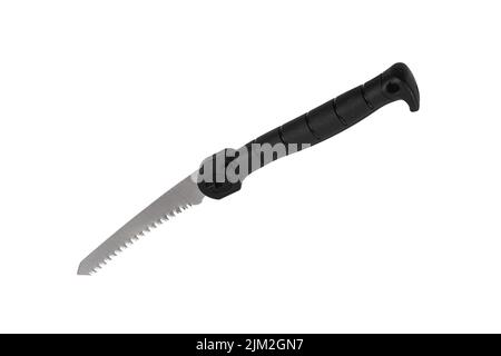 Small portable folding hacksaw. Saw for sawing small branches or boards. Garden or travel tool. Isolate on a white background. Stock Photo