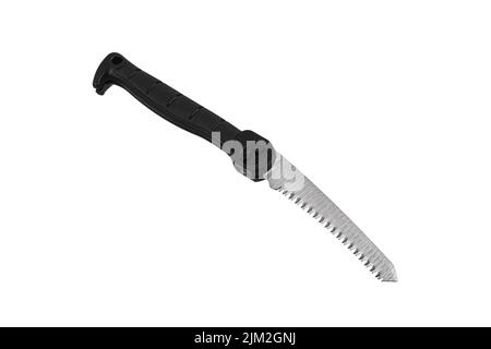 Small portable folding hacksaw. Saw for sawing small branches or boards. Garden or travel tool. Isolate on a white background. Stock Photo