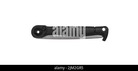 Small portable folding hacksaw. Saw for sawing small branches or boards. Garden or travel tool. Isolate on a white background. Stock Photo