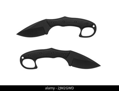 Modern tactical knife with black blade and rubber handle. Steel arms. Isolate on a white background. Stock Photo