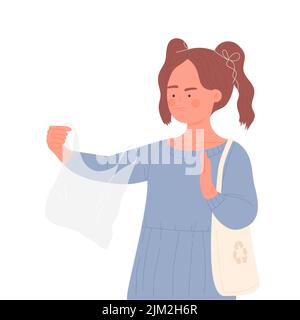 Little girl using eco instead of plastic. Environment protection and waste sorting vector illustration Stock Vector