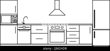 Drawing of a kitchen front in black lines on a white background Stock Vector