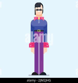 Mustache man in casual clothes with glasses. Flat design male character in standing pose, vector illustration Stock Vector