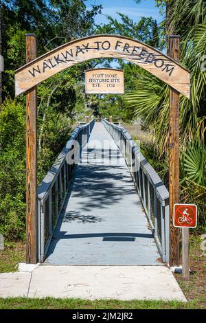 Walkway to Freedom at Fort Mose Historic State Park in St. Augustine, FL, site of America's 18th century free black settlement for escaped slaves. Stock Photo