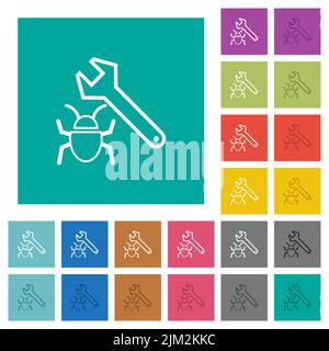 Bug fixing outline multi colored flat icons on plain square backgrounds. Included white and darker icon variations for hover or active effects. Stock Vector