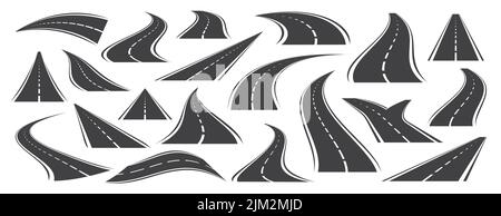 Bending asphalt roads and highways. Roadway, winding road with white markings icon set. Travel, transportation concept Stock Vector