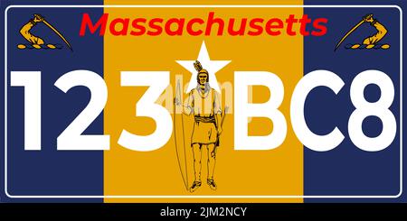 Vehicle license plates marking in Massachusetts in United States of America, Car plates.Vehicle license numbers of different American states.Vintage p Stock Vector