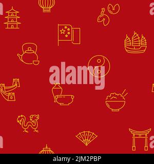 Red China seamless pattern in line style. Chinese culture traditional symbols. Vector illustration. Stock Vector