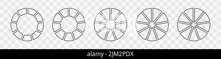 Outline donut charts or pies separated on 9 equal parts. Set of infographic wheels segmented in nine fractions. Round diagrams isolated on transparent background. Vector graphic illustration Stock Vector