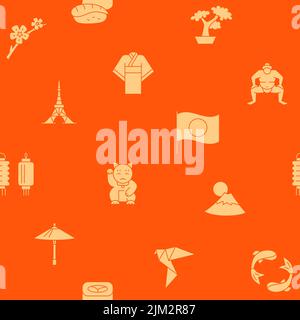 Red Japan seamless pattern in flat style. Japanese culture traditional symbols. Repeatable background. Vector illustration. Stock Vector