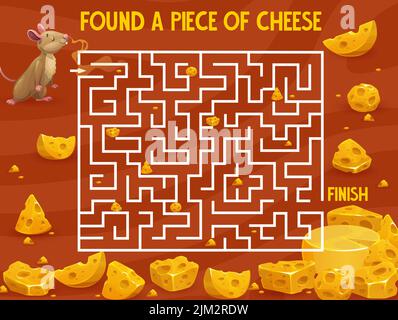 Cartoon mouse and cheese, labyrinth maze game to find way or escape, vector tabletop worksheet. Kids labyrinth maze puzzle to help mouse to find way t Stock Vector