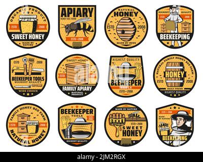 Beekeeping, apiary vector icons, honey farm natural products, beehive honeycombs, wooden barrel and honey splash drops. Apiculture production and beek Stock Vector