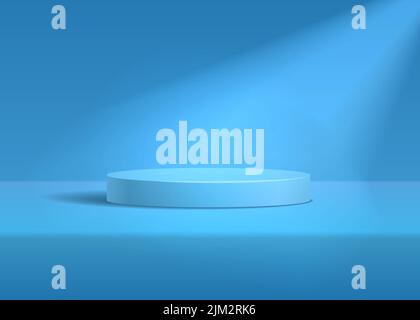 Blue cylinder pedestal podium. Realistic vector rendering 3d shape. Studio room concept with podium and spotlight minimal wall scene Stock Vector