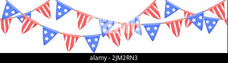 USA flag garland. US patriotic pennants repeating chain. American party bunting decoration. United States flags for celebration. Vector background. Stock Vector