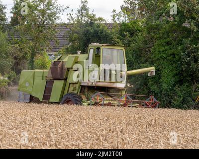 Pickmere Cheshire, August 4th 2022. Farmer taking advantage of the very dry July to harvest his Wheat crop early. Pickmere, Cheshire, UK Stock Photo