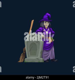 Witch at cemetery tomb, spooky Halloween vector character. Sinister woman in purple hat stand with broom at old cracked gravestone. Cartoon hex in mag Stock Vector