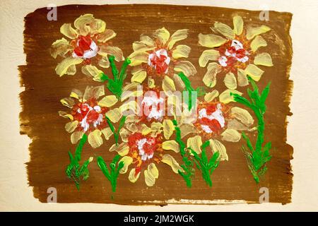 Hand made floral design. Flowery nature Abstract paintings of nature. Art painting colored with acrylic paints. Drawing as a hobby. Handmade painting. Stock Photo