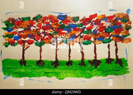 Hand made floral design. Flowering trees Abstract paintings of nature. Art painting colored with acrylic paints. Drawing as a hobby. Handmade painting Stock Photo