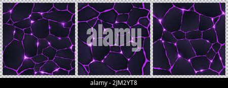 Cracked ground surface with purple magic glow seamless game textures. Abstract backgrounds with ruined land, dark stones with shiny light of plasma or molten lava in holes, Cartoon vector illustration Stock Vector