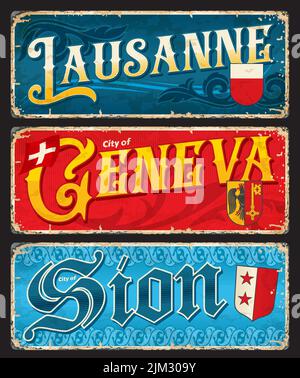 Lausanne, Geneva, Sion, Swiss city plates and travel stickers, vector tin signs. Switzerland cities luggage tags and travel grunge plates with Swiss canton emblems and tagline mottos Stock Vector