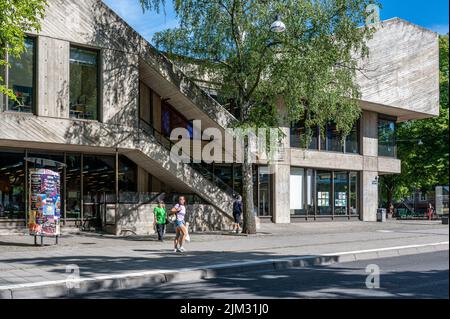 Main street Drottninggatan and the City Library in the city center of Norrkoping, Sweden. Stock Photo