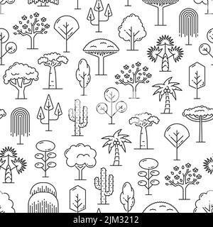 Tropical trees seamless pattern with outline exotic plants of jungle forest, beach, desert and rainforest. Vector background of palms, saguaro cactuses, baobabs and monstera, yucca and dragon trees Stock Vector