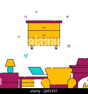 Dresser, chest of drawers filled line vector icon, simple illustration, related bottom border. Stock Vector