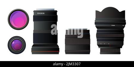 Set of lenses for camera. Various sizes and focal lengths. Optical device. Shooting equipment. Object isolated on white background. Vector. Stock Vector