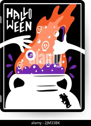 Halloween greeting card with handwritten text. Witch's hands throw ingredients into cauldron, hand-drawn in flat style. A potion is brewing in the cau Stock Vector
