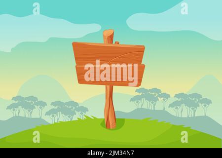 Game background landscape with wooden signboard in cartoon style. Magic scene, mountains and silhouette forest. Vector illustration Stock Vector