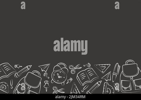 hand drawn dark background back to school with a portfolio of watches and school supplies Stock Vector