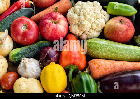 Layout made of various vegetables and fruits flat lay,top view,outdoor. Stock Photo