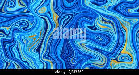 Ocean blue and gold seamless marble pattern with psychedelic swirls. Vector liquid acrylic texture. Flow art. Trippy 70s textile background. Tie dye s Stock Vector