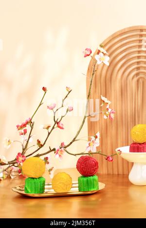 Colorful Snow Skin Moon Cake, Sweet Snowy Mooncake, Traditional Sweet Dessert for Mid Autumn Festival Stock Photo