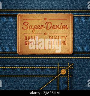 Leather tag with inscription and stars sewn on jeans in retro style vector illustration Stock Vector