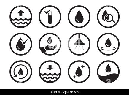 Water drop pictogram icon set. Eco, recycle water, sea care icon. Solid black shape symbol. Vector illustration. Stock Vector