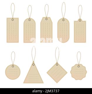 Set of tags on craft paper with rope. Blanks with rope. Shopping labels and price tags in different shapes. Vector Stock Vector