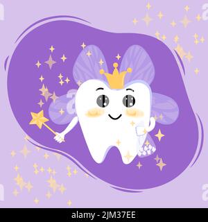 A beautiful cute tooth fairy in a crown and with a magic wand flies. Vector illustration. Stock Vector