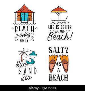 Summer badges set with different quotes and sayings - Salty is a Beach. Retro beach logos. VIntage surfing labels and emblems. Stock vector graphics Stock Vector